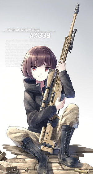 Anime Girl Holding Accuracy International AX338 Sniper Rifle in Tactical Gear HD phone wallpaper
