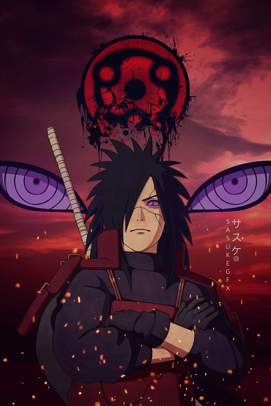 Sasuke Uchiha Anime Character with Sharingan Eyes and Katana Against Crimson Sky HD phone wallpaper