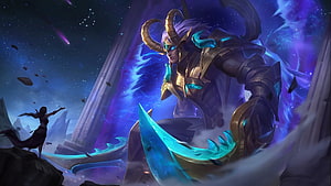 Martis Capricorn Skin Artwork from Mobile Legends with Cosmic Energy and Golden Armor HD wallpaper