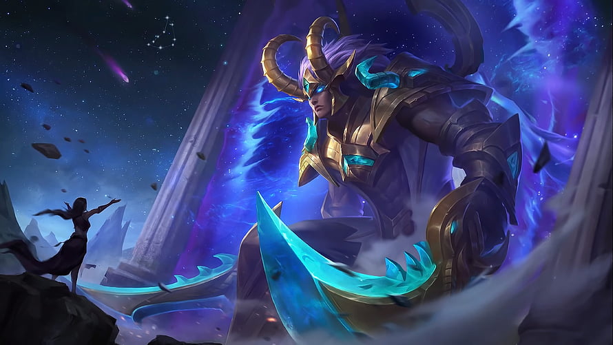 Martis Capricorn Skin Artwork from Mobile Legends with Cosmic Energy and Golden Armor HD wallpaper