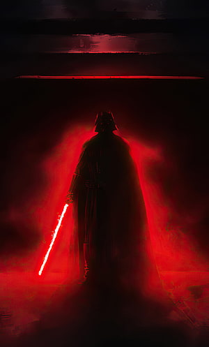 Darth Vader Silhouette with Red Lightsaber in Dark Cinematic Star Wars Scene HD phone wallpaper