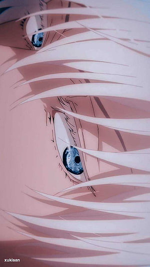Satoru Gojo Close-Up Anime Eyes and White Hair Portrait HD phone wallpaper