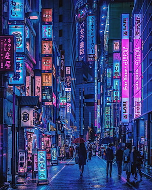 Neon-lit Tokyo alleyway at night with glowing signs and pedestrians under umbrellas HD phone wallpaper