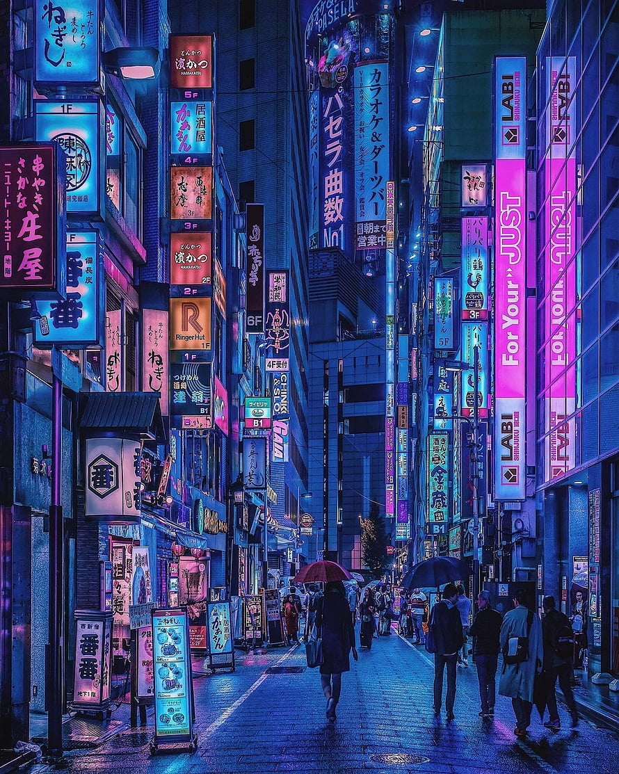 Neon-lit Tokyo alleyway at night with glowing signs and pedestrians under umbrellas HD phone wallpaper