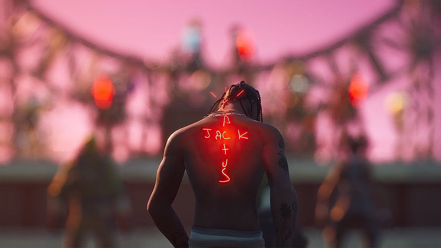 Travis Scott Fortnite Character Back View with Glowing Red Tattoo in Neon Pink Arena HD wallpaper