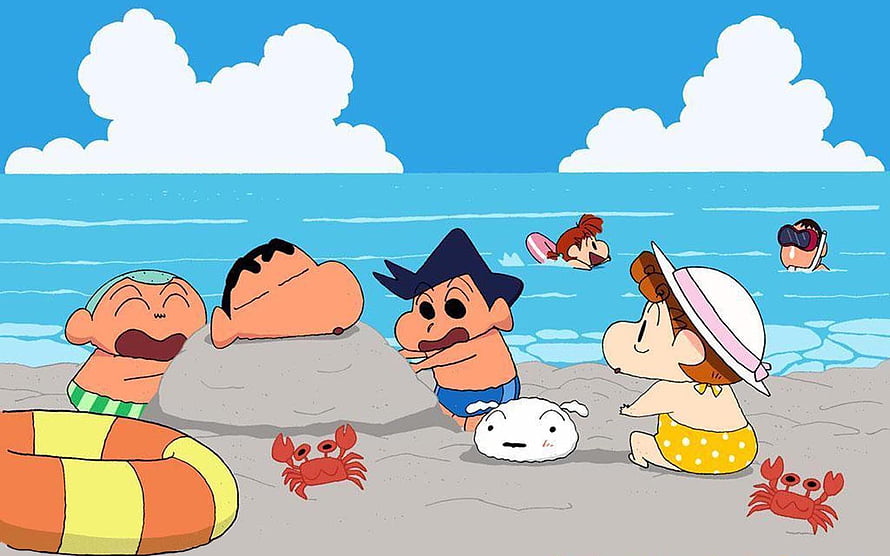 Crayon Shin-chan characters enjoying a sunny day at the beach with sandcastle and crabs HD wallpaper