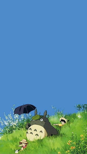 Totoro and the Children in a Sunny Meadow with Umbrella and Flowers HD phone wallpaper