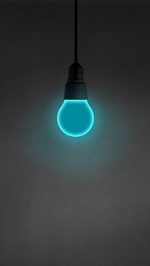 Glowing Cyan LED Light Bulb Hanging Against Dark Minimalist Background HD phone wallpaper