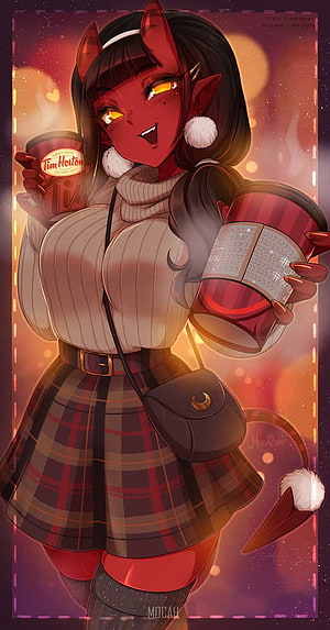 Red-Skinned Succubus Girl in Plaid Skirt Holding Tim Hortons Coffee Cup HD phone wallpaper