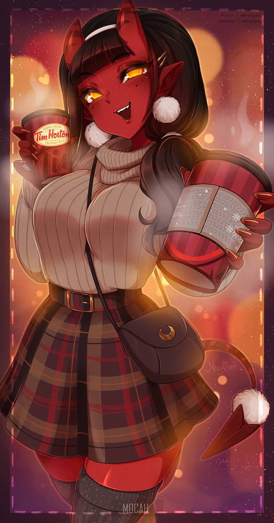 Red-Skinned Succubus Girl in Plaid Skirt Holding Tim Hortons Coffee Cup HD phone wallpaper