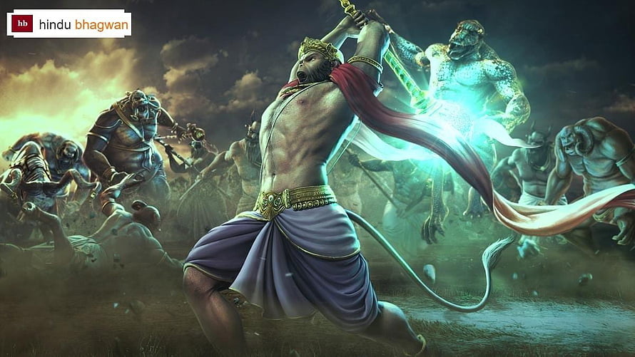 Lord Hanuman in Epic Battle Scene with Glowing Sword and Demonic Forces HD wallpaper