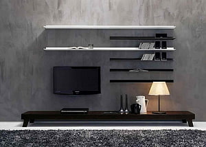 Modern Minimalist Living Room with Floating Shelves and Wall-Mounted TV HD wallpaper