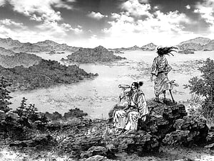 Vagabond Manga Scene: Two Samurai Contemplating a Vast Lake and Mountain Landscape HD wallpaper