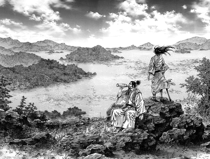 Vagabond Manga Scene: Two Samurai Contemplating a Vast Lake and Mountain Landscape HD wallpaper