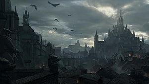 Diablo Immortal Dark Medieval Cityscape with Gothic Architecture and Stormy Sky HD wallpaper