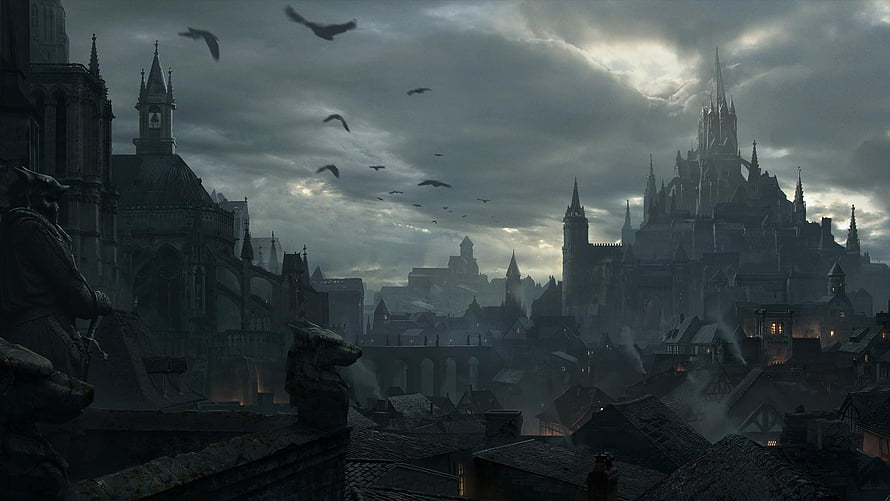 Diablo Immortal Dark Medieval Cityscape with Gothic Architecture and Stormy Sky HD wallpaper