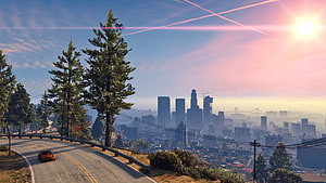 Grand Theft Auto V Hillside Road View Over Los Santos City Skyline at Sunset HD wallpaper