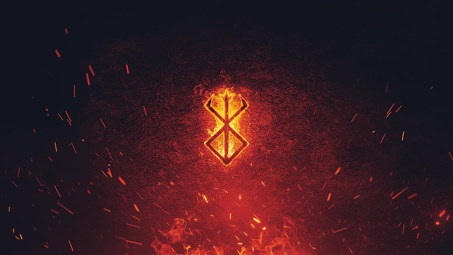 Berserk Brand of Sacrifice Glowing Emblem with Sparks and Fire on Dark Background HD wallpaper