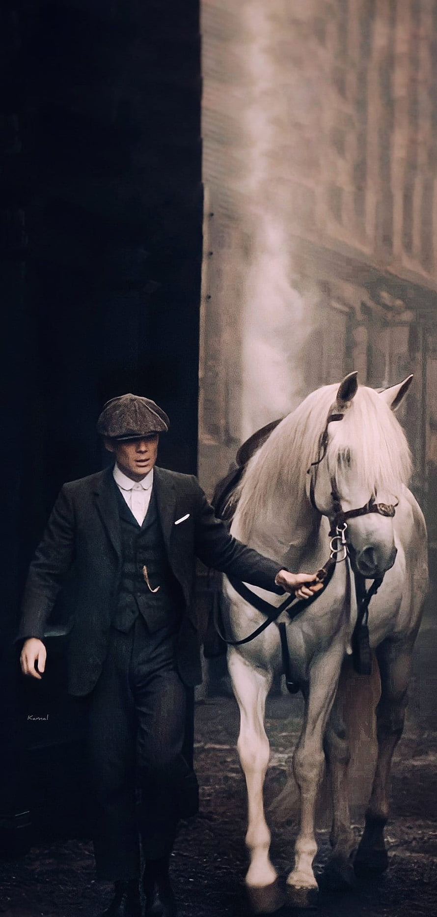 Peaky Blinders Tommy Shelby Leading a White Horse Through a Misty Industrial Alley HD phone wallpaper