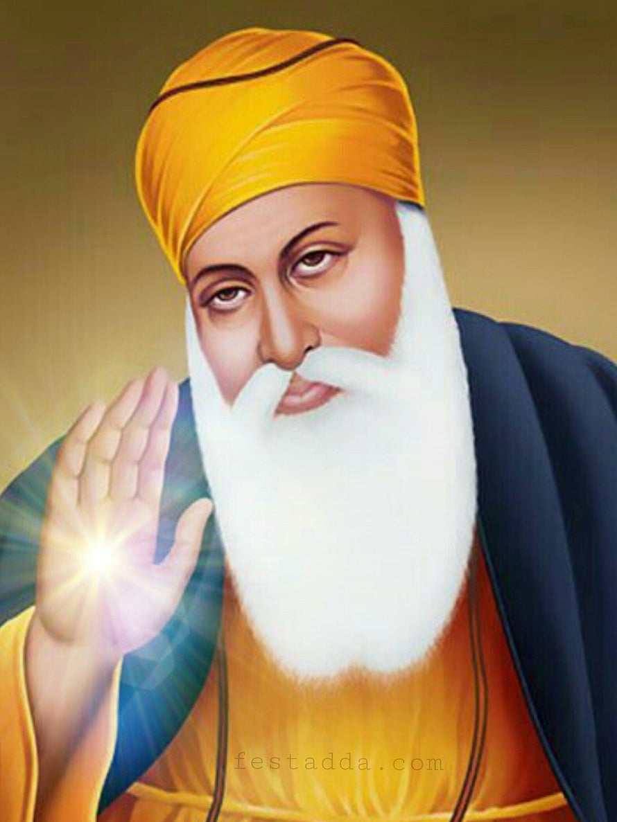 Guru Nanak Dev Ji Portrait with Golden Turban and Radiant Blessing Hand HD phone wallpaper