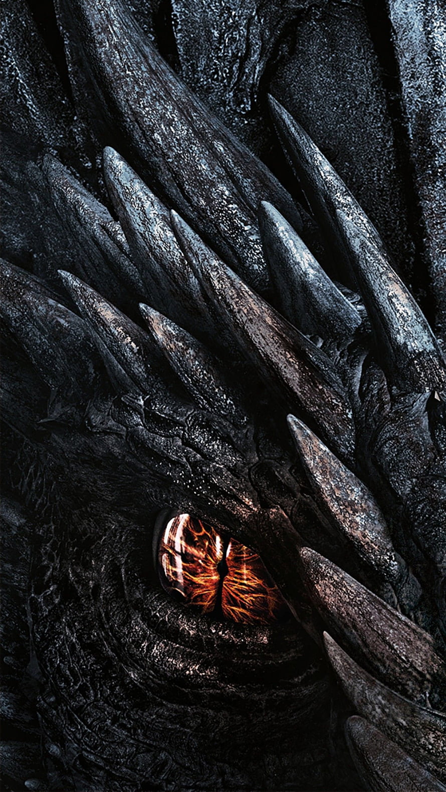 Close-Up of a Dark Dragon Eye with Glowing Orange Iris and Spiky Scales HD phone wallpaper
