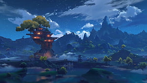 Genshin Impact Liyue Harbor Night Scene with Wangshu Inn and Mountain Landscape HD wallpaper