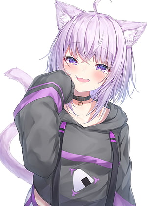 Nekomata Okayu Anime Girl with Lavender Hair and Cat Ears in Grey Hoodie HD phone wallpaper