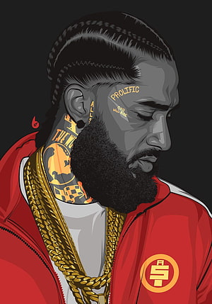 Nipsey Hussle Vector Portrait in Red Track Jacket with Gold Chains and Face Tattoos HD phone wallpaper