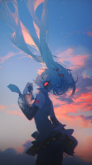 Hatsune Miku singing with microphone against a vibrant sunset sky in anime style HD phone wallpaper