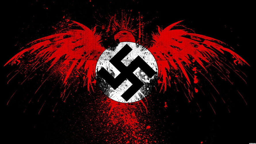 Dark Grunge Nazi Eagle Emblem with Red Wings and Swastika Symbol on Black Background HD wallpaper