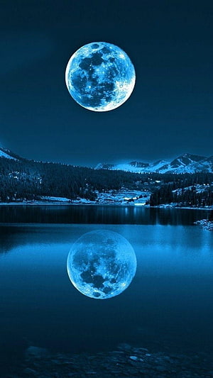 Full Blue Moon Reflected in a Serene Mountain Lake at Night HD phone wallpaper