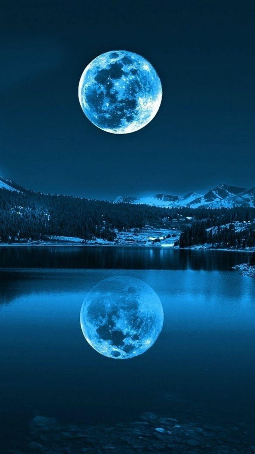 Full Blue Moon Reflected in a Serene Mountain Lake at Night HD phone wallpaper