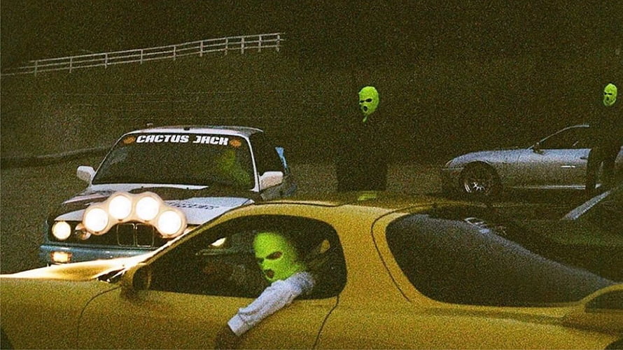 Jackboys Neon Green Masked Figures in Classic Cars at Night HD wallpaper
