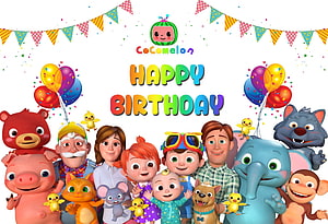 Cocomelon Family Happy Birthday Celebration with Colorful Balloons and Confetti HD wallpaper
