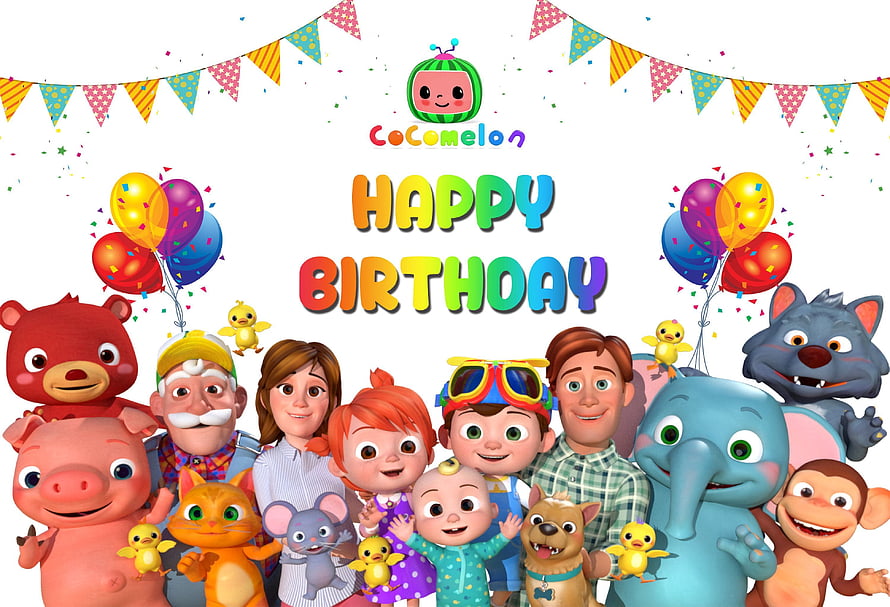 Cocomelon Family Happy Birthday Celebration with Colorful Balloons and Confetti HD wallpaper