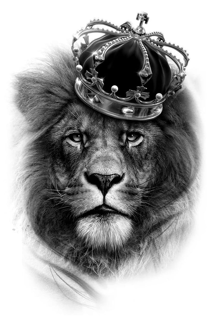 Majestic Lion King Portrait Wearing Royal Crown in Black and White Pencil Sketch HD phone wallpaper