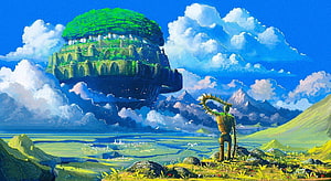 Laputa Floating Castle in the Sky with Ancient Stone Statue and Lush Green Landscape HD wallpaper