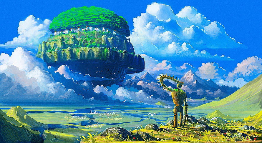 Laputa Floating Castle in the Sky with Ancient Stone Statue and Lush Green Landscape HD wallpaper