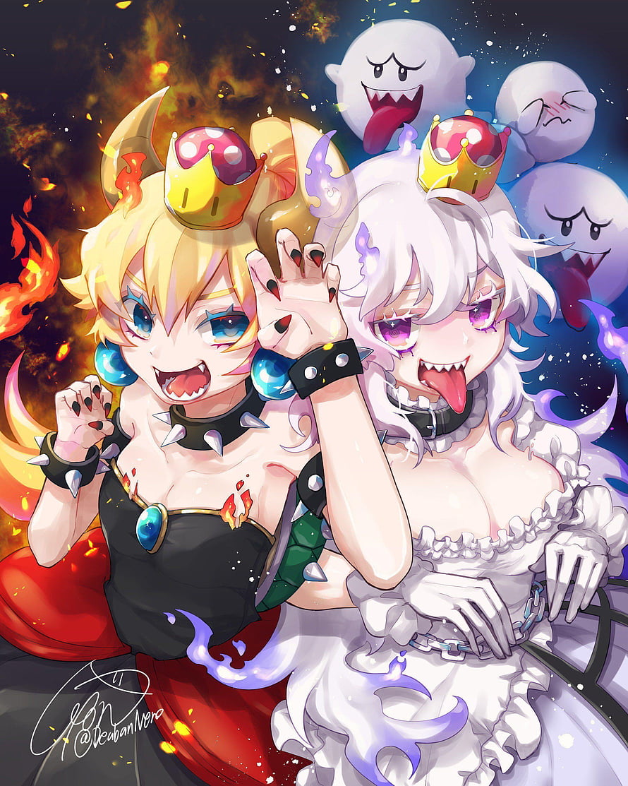 Bowsette and Boosette in a playful anime illustration with ghost companions HD phone wallpaper