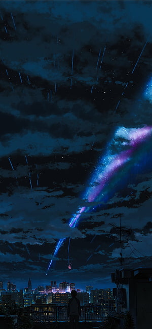 Your Name Anime Night Sky with Meteor Shower and City Skyline HD phone wallpaper