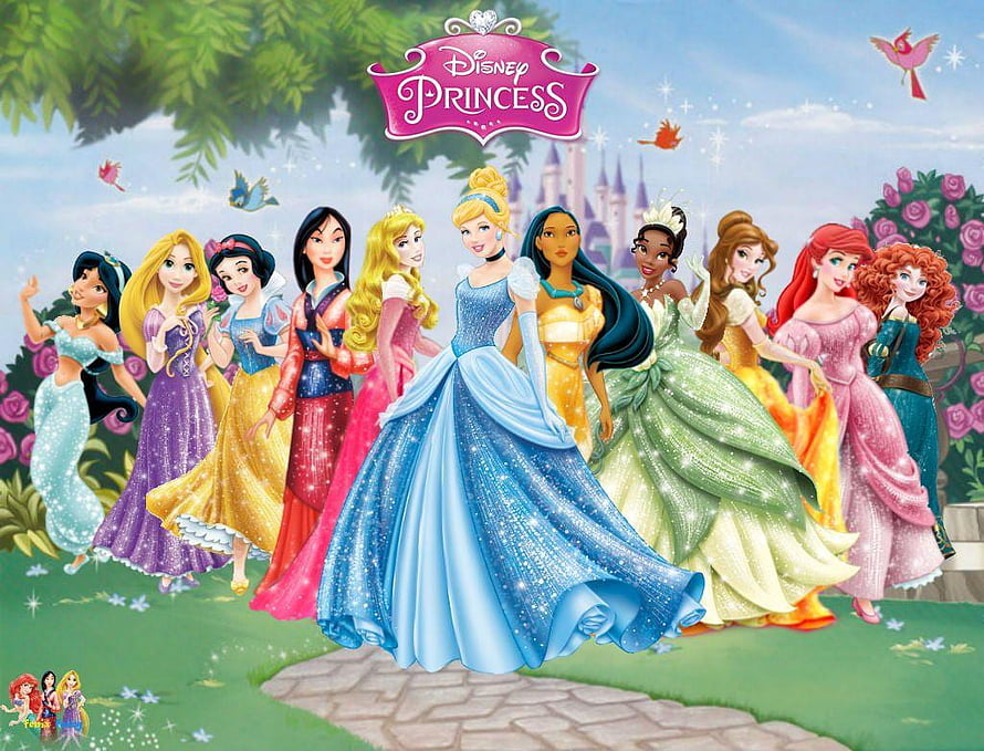 Disney Princess Group Portrait in Colorful Gowns with Castle and Garden Background HD wallpaper