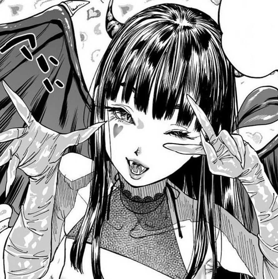 Black and White Demon Girl Anime Illustration with Horns and Fangs HD phone wallpaper