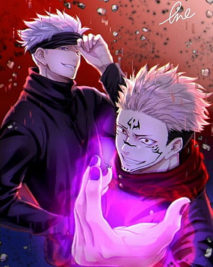 Gojo Satoru and Ryomen Sukuna Anime Fan Art with Purple Energy HD phone wallpaper