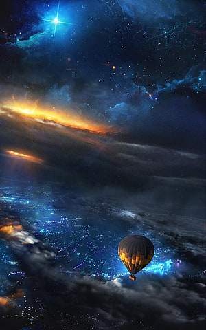 Hot Air Balloon Floating Above City Lights Under a Starry Night Sky HD phone wallpaper