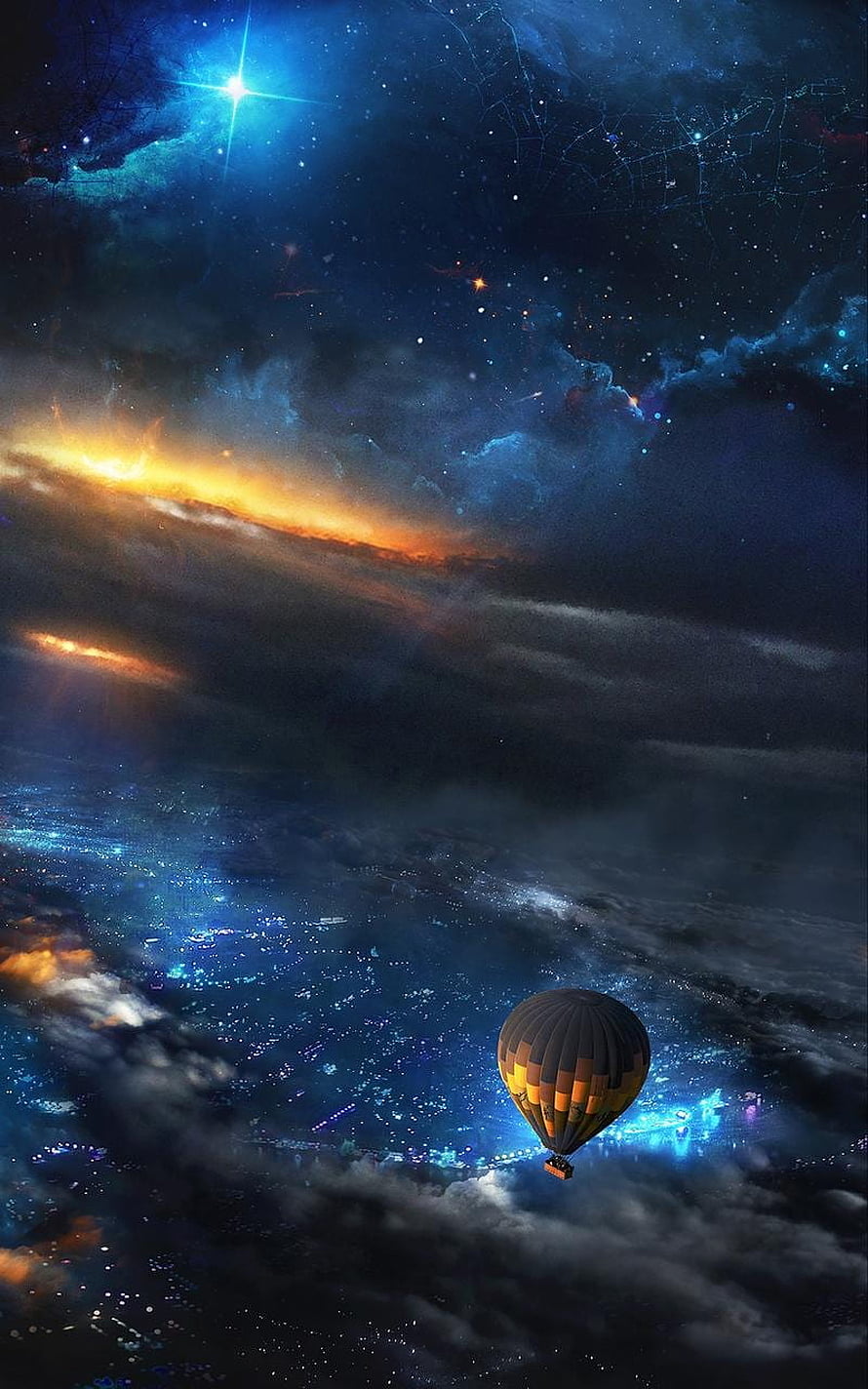 Hot Air Balloon Floating Above City Lights Under a Starry Night Sky HD phone wallpaper