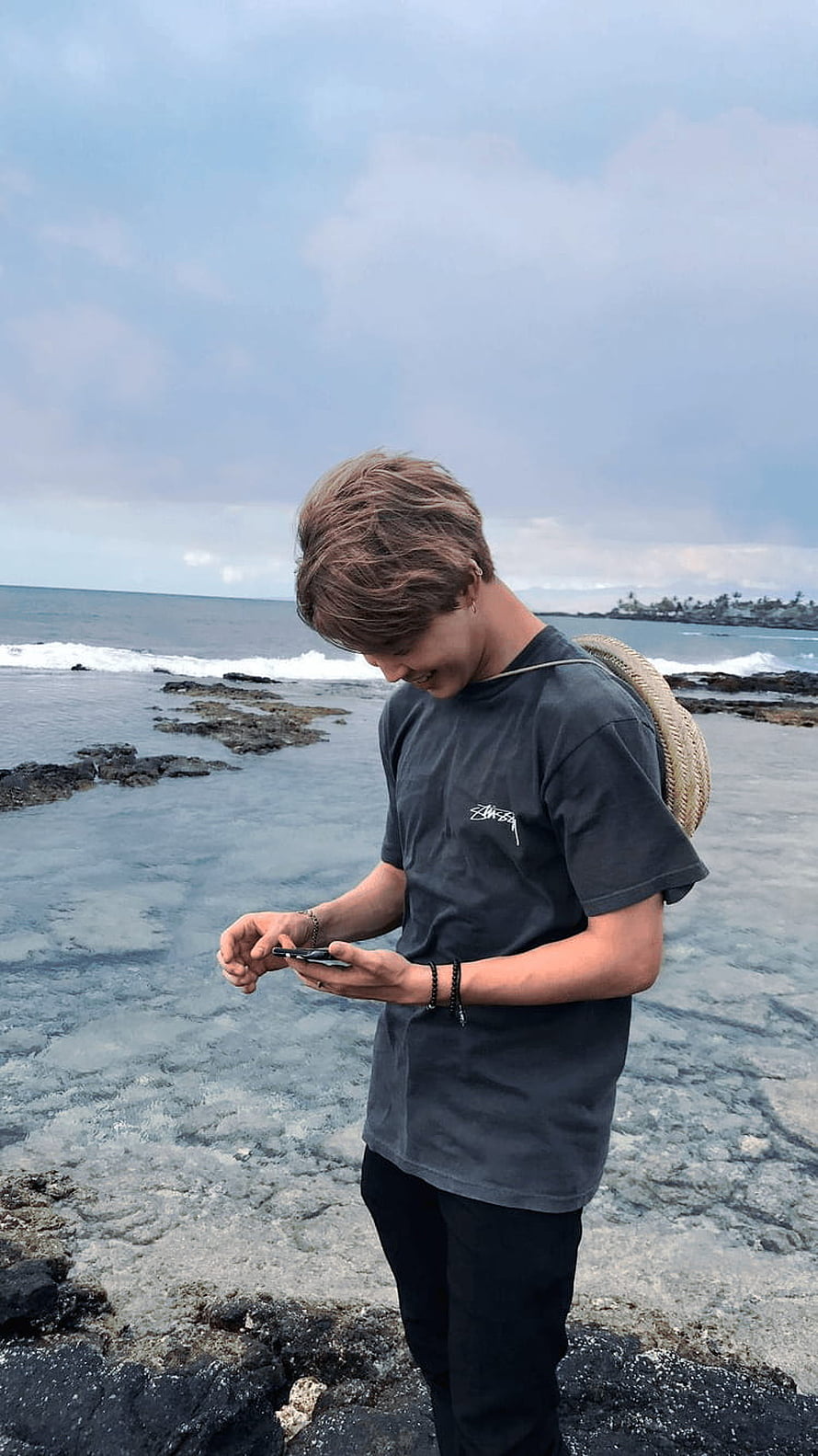 Park Jimin BTS Aesthetic Portrait on a Tropical Rocky Shoreline HD phone wallpaper
