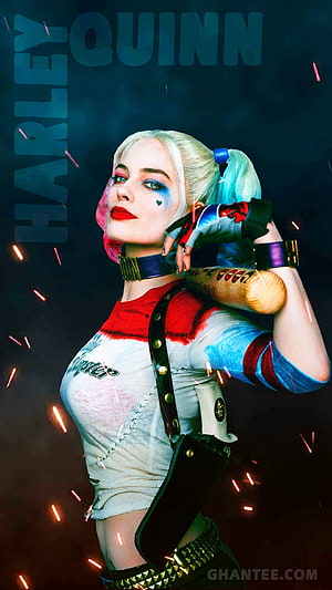 Harley Quinn in Red and Blue T-Shirt with Baseball Bat and Studded Collar HD phone wallpaper