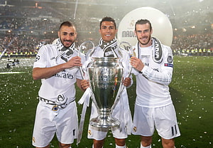 Real Madrid Champions League Celebration with Benzema, Ronaldo, and Bale HD wallpaper