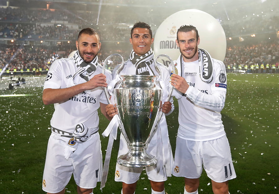 Real Madrid Champions League Celebration with Benzema, Ronaldo, and Bale HD wallpaper