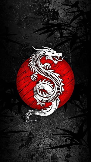 White Dragon Coiled on Red Circle with Bamboo Silhouettes on Dark Grunge Background HD phone wallpaper